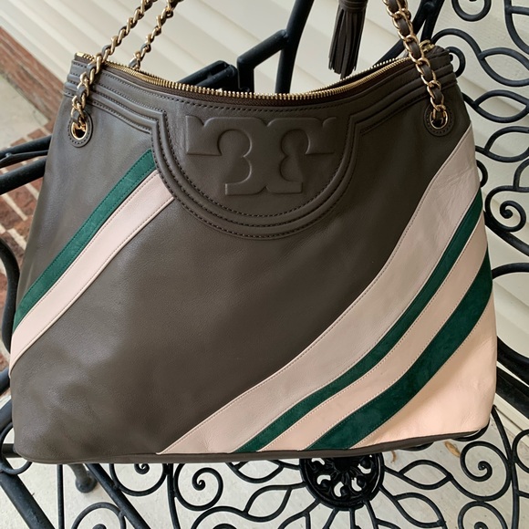 Tory Burch Handbags - ♦️AUTHENTIC TORY BURCH GREEN AND WHITE STRIPED SHOULDER BAG